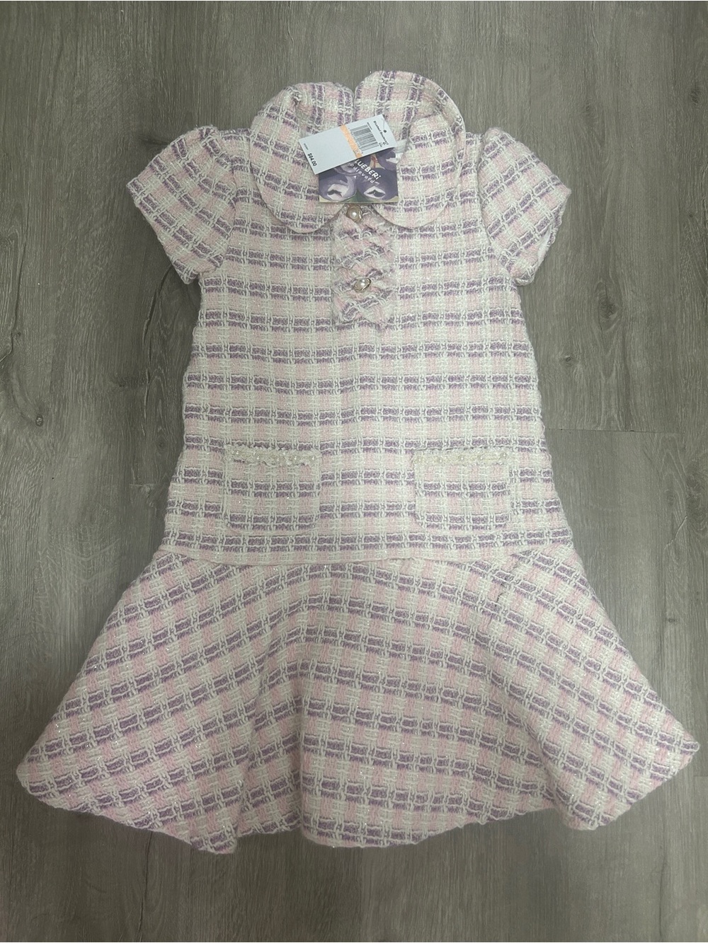 Blueberi Boulevard Pink and White Plaid Tweed Dress with Peter Pan Collar